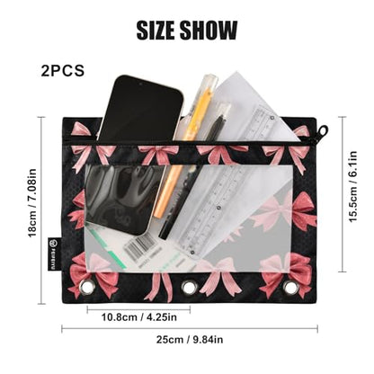 Pink Red Bow Black Pencil Pouch for 3 Ring Binder 2 Pack Zipper Binder Pencil Bag Case with Clear Window Office Supplies - color: multi5