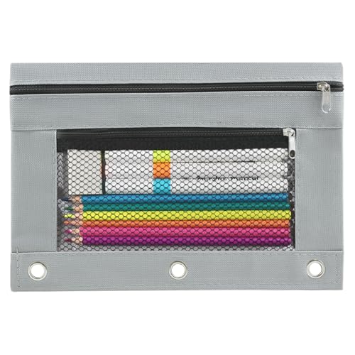 3 Ring Pencil Pouch for Binder, 2-Pocket Zipper Pencil Case with Clear Window & Mesh Pocket, 600D Oxford Fabric Binder Pouch for School Office Supplies, Fits Standard 3-Ring Binders, Grey - color: Grey