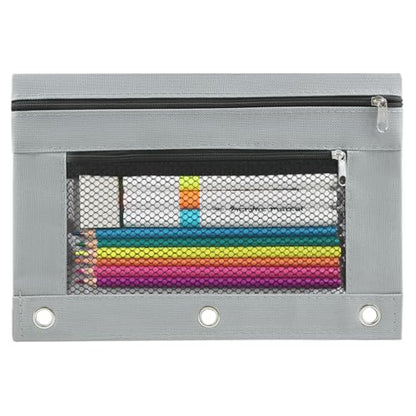 3 Ring Pencil Pouch for Binder, 2-Pocket Zipper Pencil Case with Clear Window & Mesh Pocket, 600D Oxford Fabric Binder Pouch for School Office Supplies, Fits Standard 3-Ring Binders, Grey - color: Grey