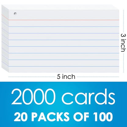2000 PCS Index Cards 3x5 Inches White Flash Cards with Ring Lined Flashcards Ruled Index Cards Notecards Study Cards Note Cards for Studying Learning School College, White - color: White
