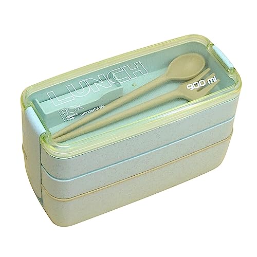Adult Lunch Box Square 3 Compartment 900ML Sealed Bento Box 3 Layers All-in-One Stackable Bento Box Containers with Fork Spoon for Home Travel Office Plastic Lunch Box (Green)