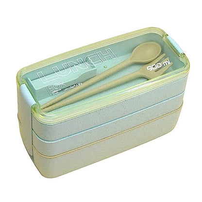 Adult Lunch Box Square 3 Compartment 900ML Sealed Bento Box 3 Layers All-in-One Stackable Bento Box Containers with Fork Spoon for Home Travel Office Plastic Lunch Box (Green)