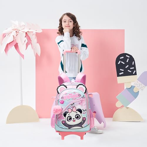 Meetbelify Girls Cute Backpack with Wheels for Elementary Students Kids Black Travel Luggage - color: Blue Panda