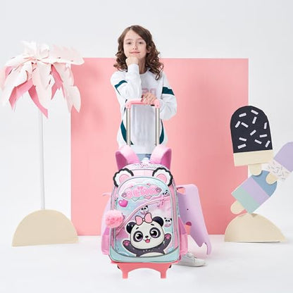 Meetbelify Girls Cute Backpack with Wheels for Elementary Students Kids Black Travel Luggage - color: Blue Panda