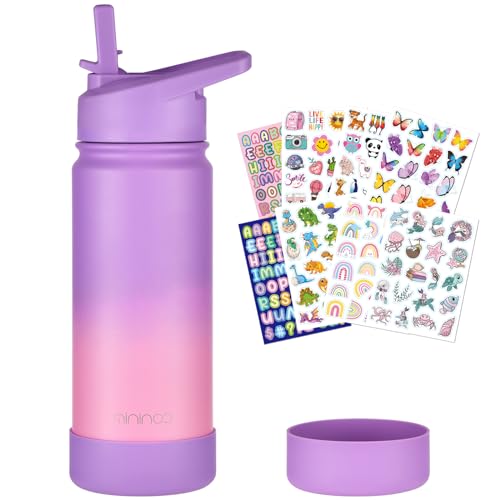 mininoo Kids Water Bottle for School, 16oz Stainless Steel Insulated Water Bottle Kids with Straw Lid for Girls, Boys (Purple/Pink) - color: Purple/Pink, size: 16 Ounces
