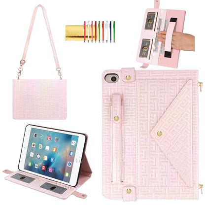 Shiny Case for iPad mini 5/4/3/2/1, Mini 7.9" Handbag Case, Techcircle Iridescent PU Leather Folio Envelope Pocket Stand Cover with Hand Strap+Shoulder Strap+Pencil Holder+Card Slots, Shiny Pale Pink - color: 03 Shiny Pale Pink, size: iPad Mini 5/4/3/2/1