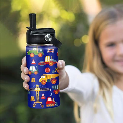 Kids Water Bottle with Straw Construction Insulated Water Bottles 12oz Stainless Steel Travel School Tumbler Double Wall Vacuum Cup for Boys Kid - color: Construction 2