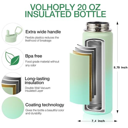 Volhoply 20oz Insulated Stainless Steel Water Bottle with Straw Lid, Kids Wide Mouth Double Wall Vacuum Cups with Handle,Reusable Outdoor Sports Metal Bottles,Travel Flask Keep Cold&Hot(Mojito,1) - color: Mojito