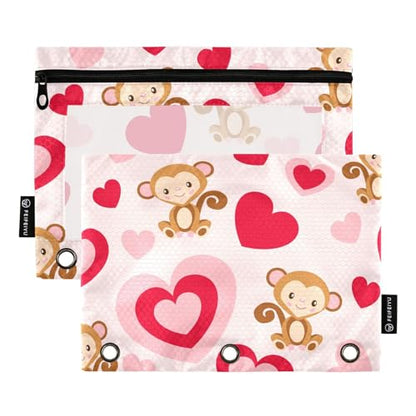 Fustylead Pencil Pouch for 3 Ring Binders, Big Capacity Zipper Pencil Bag with Clear Window Organizer for Cosmetic Office School Supplies 2 Pack (Monkey Love) - color: Monkey Love