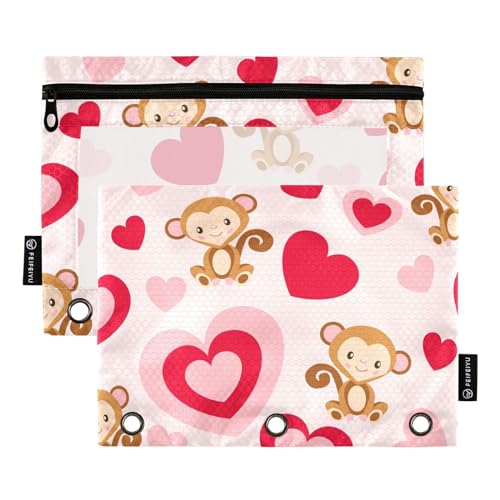 Fustylead Pencil Pouch for 3 Ring Binders, Big Capacity Zipper Pencil Bag with Clear Window Organizer for Cosmetic Office School Supplies 2 Pack (Monkey Love) - color: Monkey Love