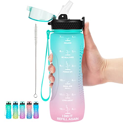 24 OZ Motivational Kids Water Bottle With Time Marker,Leak Proof,Straw Lid, Tritan BPA Free Sports Water Bottle Light green pink(1 Lid) - color: Light green pink