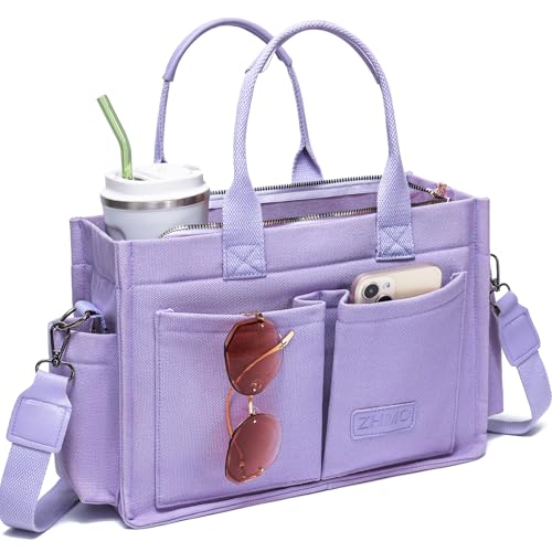 ZHMO Canvas Tote Bag for Women,Women's Bags Crossbody Bags Work Laptop Tote Bag Large Handbags Purse for Travel Nurse Teacher - color: New Upgrade Plus Purple With Compartments and Inner Cup Holders