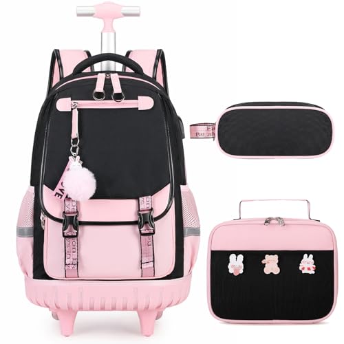Bevalsa Rolling Backpack for Girls, 3PCS Roller School Backpacks with Lunch Box & Pen Case, Kids Bookbag Schoolbag with Wheels for Teen Girl Kindergarten Elementary Middle School - color: Black Pink