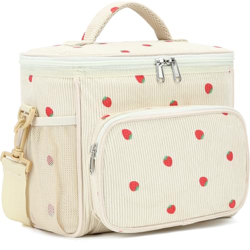 FlowFly Insulated Reusable Lunch Bag Adult Large Lunch Box for Women and Men with Adjustable Shoulder Strap,Front Zipper Pocket and Dual Large Mesh Side Pockets, Corduroy Strawberries Beige - color: Corduroy Strawberries Beige