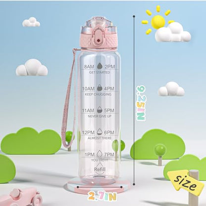 OLDLEY 17oz Kids Water Bottle, Tritan BPA-Free, Leakproof Flip Straw Lid, Motivational Time Marker, Carry Strap, Reusable Clear Water Bottle for Boys & Girls,Cherry Blossom - color: Cherry Blossom, style: 17 Ounces