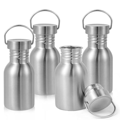 Volhoply 12oz Uninsulated Single Walled Small Water Bottle 4 Pack, Stainless Steel Reusable Mini Water Bottles with Handle, BPA Free & Plastic Free 18/8 304 Metal Water Bottles for Camping, Hikers - size: 12 Ounces