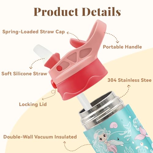 Mermaid Water Bottle for Girls - 12oz Cute Cartoon Kids Water Bottle with Straw, Stainless Steel Tumbler, Insulated, Leak-proof, BPA-free, Pop-up Straw Lid, for School, Children Birthday Gift Cup(1pc) - color: Line Mermaid