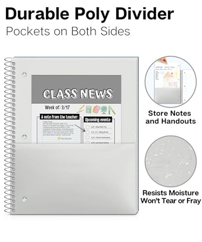 Dunwell 3-Subject Spiral Notebook, (Blue) Plastic Cover, 150 Sheets (300 Pages) Wide Ruled 8x10.5 Paper, 3-Hole Punched Perforated Pages, 3 Divider Folders with Pockets - color: Blue
