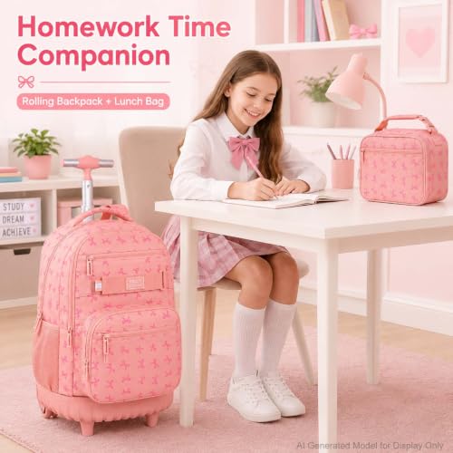 AGSDON Playful Bow Print Girls Rolling Backpack Set – 20” Roller Bookbag with Matching Lunch Box for Travel, Commute & School | Water-Resistant Fashion Wheeled Organizer in Pink - color: Rolling Backpack Set - Bow Pink