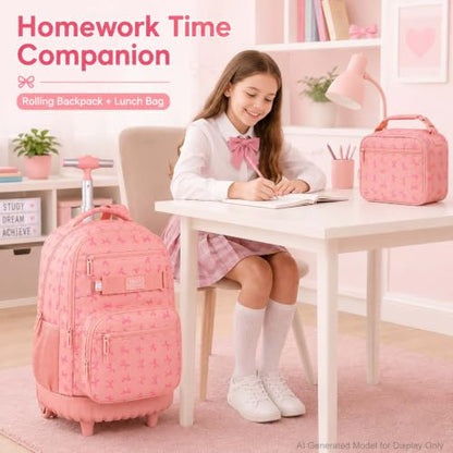 AGSDON Playful Bow Print Girls Rolling Backpack Set – 20” Roller Bookbag with Matching Lunch Box for Travel, Commute & School | Water-Resistant Fashion Wheeled Organizer in Pink - color: Rolling Backpack Set - Bow Pink