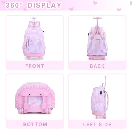 DIGOBAY Rolling Backpack for Girls, Cute Girls Backpack with Wheels, Kids Wheeled backpacks Set with Lunch Bag Pencil Case for Teen Girl, Roller School Bag with Wheels for Elementary Middle School - color: Purple Tie-dye