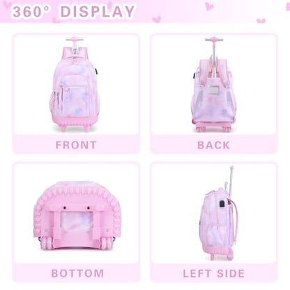 DIGOBAY Rolling Backpack for Girls, Cute Girls Backpack with Wheels, Kids Wheeled backpacks Set with Lunch Bag Pencil Case for Teen Girl, Roller School Bag with Wheels for Elementary Middle School - color: Purple Tie-dye