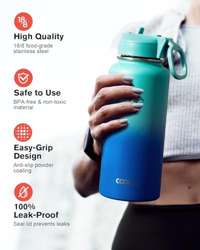 Coolflask 32 oz Water Bottle Insulated with Straw & 3 Leakproof Lids | Water Flask Stainless Steel Triple-Wall Vacuum,Cold 48+h, Dishwasher Safe,Wide Mouth,BPA-Free,Carrier Bag,for Gym,Hiking - color: Pacific Prince, size: 32 Ounces