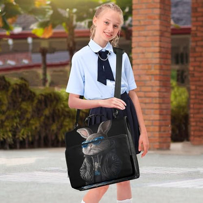 3 Ring Zipper Binder Cool Bunny Binder Organizer Portfolio with File and Shoulder Strap & Handle Large Capacity File Folder - color: Cool Bunny