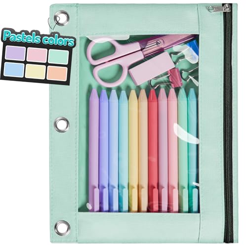Forvencer Pencil Pouch for 3 Ring Binder, Pastels Pencil Case with Smooth Zipper, Cute Soft Pen Bag with Clear Window & 3 Reinforced Grommets, Big Capacity Binder Bag, School Office Supplies, Green - color: Mint Green