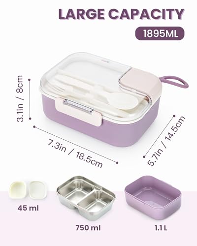 Lille Home 750 ML Meal Prep Lunch Box, Portable Stainless Steel Bento Box 2 Compartment Snack Container with Cutlery Set & Sauce Container, Easy to Carry, BPA Free(Purple) - color: Purple