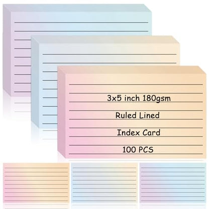 100 Pack Ruled Index Cards 3x5 Gradient Colored Index Cards Heavy Weight Note Cards 180gsm Flashcards Double Sided Notecards Lined Recipe Cards for Studying Drawing