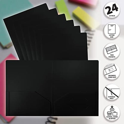 Better Office Products Heavyweight Plastic 2 Pocket Portfolio Folder, Letter Size Poly Folders 24 Pack (Black) - color: Black