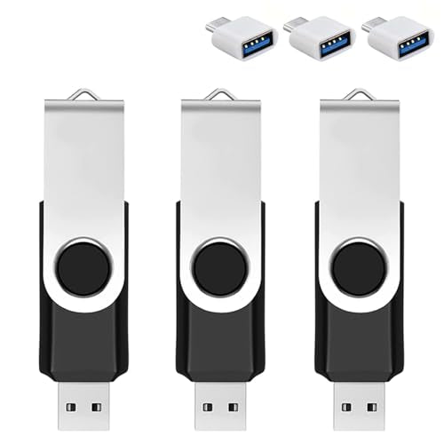 3 Pack 128GB USB Flash Drive with Type C Adapter and Storage Box USB 2.0 High Speed Metal Pen Drive 360° Rotatable Storage Memory Stick for Phone/Pad/PC/Laptop/Android - Black(3-Pack 128GB) - color: 3-Pack 128GB