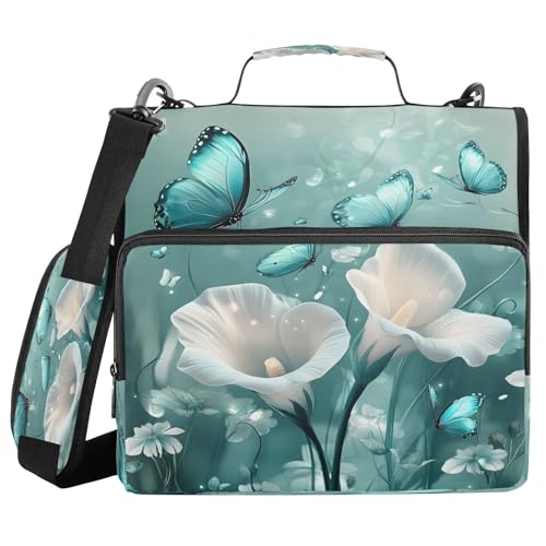 3 Ring Zipper Binder Spring Flowers Floral Teal Butterfly Binders Bag with Shoulder Strap 500 Sheets Paper Organizer Trapper Keeper Documents Storage File Folder for School Office - color: A1108