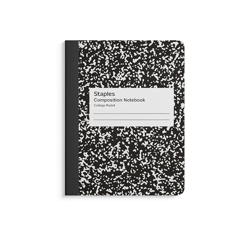 STAPLES Composition Notebook, 7.5” x 9.75”, College Ruled, 100 Sheets, Black/White Marble, 4‑Pack - size: 4 Pack, style: Black