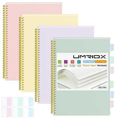 Umriox 4 Pack Lined Spiral Journal Notebook, 160 Pages 8.5" x 11" College Ruled Spiral Notebook with Sticky Tabs, Large Notebook for Work, Travel Journal, School - size: 8.5 x 11 in, style: Ruled