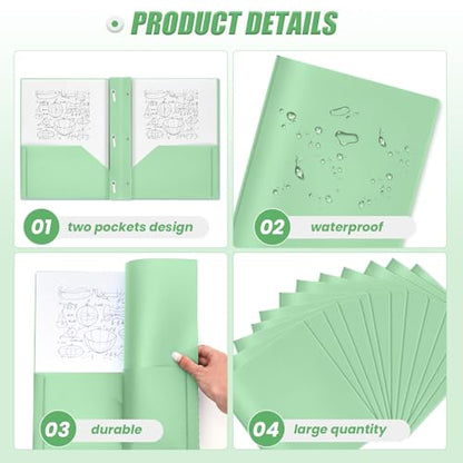 Yeaqee 80 Pcs Plastic Folders with Pockets and Prongs Plastic Folder 2 Pockets 3 Prongs with Business Card Slot Back to School Folders for Students, Teachers, Office Workers (Sage Green) - color: Sage Green