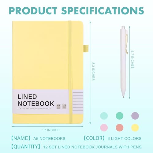 Aodaer 12 Set Lined Notebook Journals with Pens A5 Notebooks 100 GSM College Ruled Hardcover Notebook PU Leather Notepad with Pen Holder for Office School, 5.7 x 8.3 Inches, Light Multicolor - color: Light Multicolor