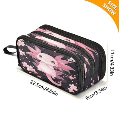 ALAZA Cute Axolotl Cherry Blossom Large Pencil Case, Pen Pouch Pencil Bag with 3 Compartments Pen Holder Organizer Stationery Bag - color: Axolotl