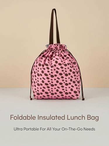 Reusable Lunch Bag,Canvas Drawstring Lunch Bag, Lunch Tote for Work, School, or Picnics, Lightweight & Waterproof, Keeps Food Fresh All Day(Pink Leopard Print) - color: Pink Leopard Print