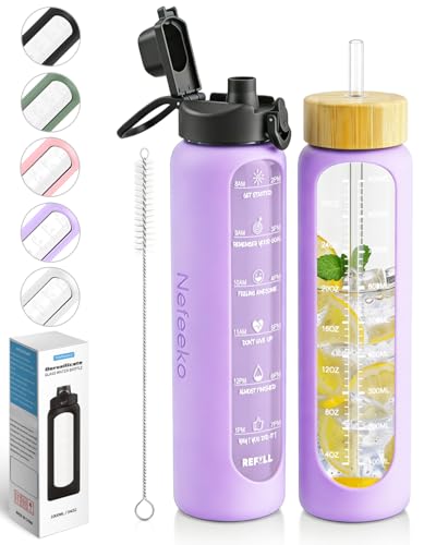 Nefeeko 32 oz Glass Water Bottles with Straw, Motivational Glass Water Bottle with Time Marker, 1 Liter BPA FREE Leakproof Reusable Glass Water Bottle with Silicone Sleeve, Bamboo Lid, Spout Lid - color: Purple