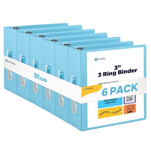 3 Slant D-Ring Binder 3 Inch Blue, 3 in Clear View Cover with 2 Inside Pockets Binder, Heavy Duty Colored School Supplies Binders,Also Available in Green, Grey, Purple, Red, Pink (6 PC) – by Enday - color: Blue, size: 3-Inch