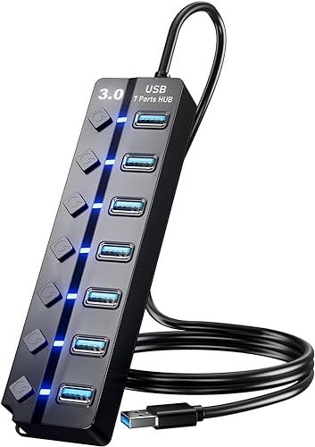 Eanetf USB 3.0 Hub, 7-Port with Individual On/Off Switches & LED Indicators, 5Gbps High-Speed Data Hub for Laptop, PC, MacBook, Surface Pro, PS5, HDD, Flash Drive (4ft Cable)
