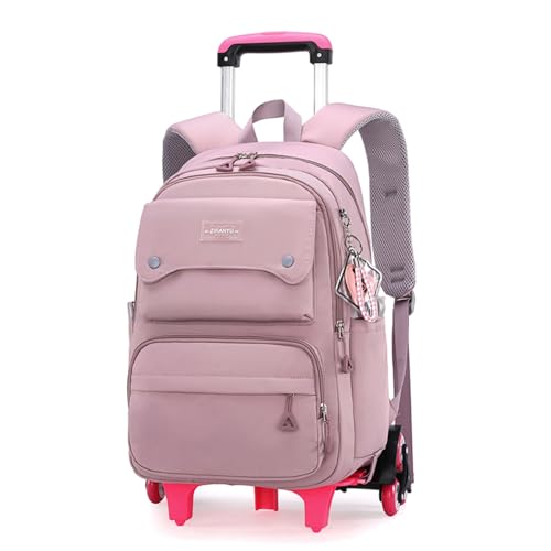 Solid Color Girls Rolling Backpack with Wheels Schoolbag Elementary School Student Trolley Daypack - color: A-purple - Six Wheels, size: 6 Wheels