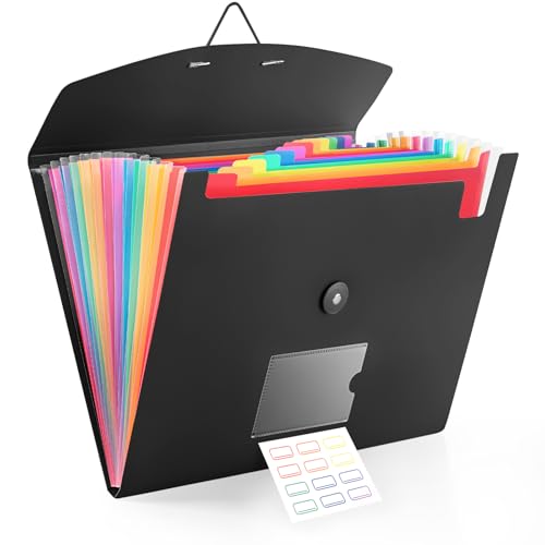 13 Pocket Accordion File Organizer with Elastic Closure, Expanding File Folder for Letter Size A4 Papers, Ideal for Home, Office Supplies, College Essentials - Black - color: Black