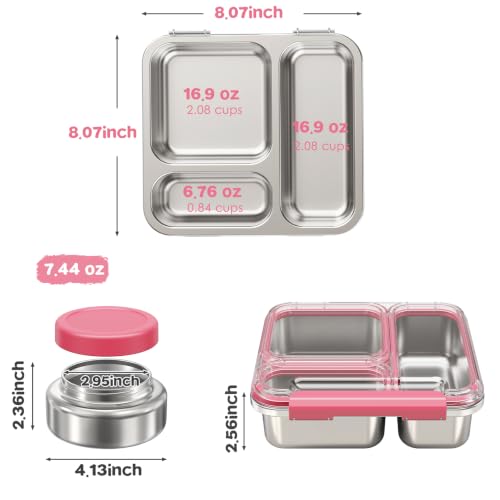 Pawtong Stainless Steel Bento Box Kids Adult with 7oz Insulated Food Jar, Transparent Lid Metal Lunch Box With Soup Thermal Jar, Lunch Box Container with Removable Divider & Sauce Cup School (Pink) - color: Pink