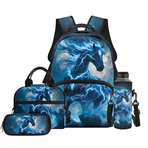 Horse Kids Backpack with Lunch Box, 4 PCS School Set with Pencil Case & Water Bottle Cover, for Kids Ages 7-12 Primary School Outdoor Travel - color: Lightning Horse Print