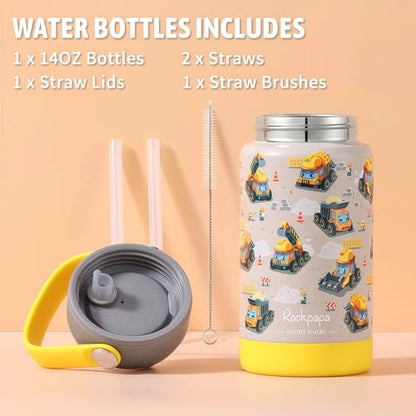 rockpapa Kids Lunch Box Set with 14oz Insulated Water Bottle & Lunch Bag, Leakproof 5.5 Cups Bento Box for School & Children, BPA-Free, Microwave Safe for Boys Girls (Grey Constr Turcks) - color: Grey Constr Turcks