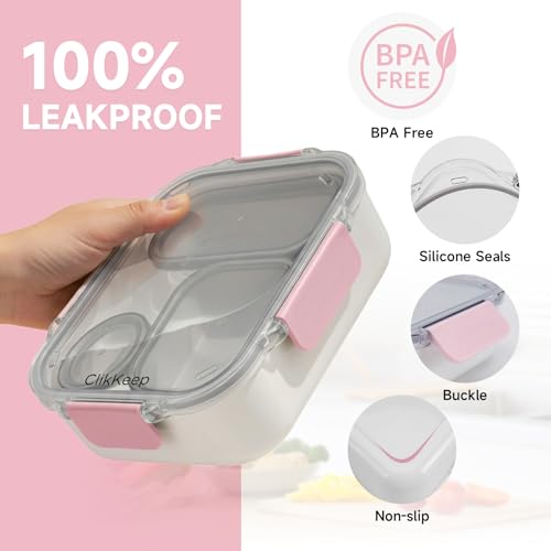 Adult Lunch Bento Box, Compartment Salad Food Containers for Lunch, Lunchbox Containers for Adults with Utensils, Sauce Jar, Microwave Dishwasher Safe, Pink - color: Pink