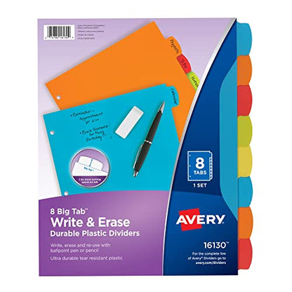 Avery Big Tab Write & Erase Durable Plastic Dividers for 3 Ring Binders, 8-Tab Sets, Bright Multicolor, 24 Sets, 192 Divider Tabs (16130) - size: 8 tab, style: 24 Sets